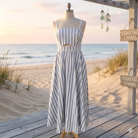 Nine West Midi Dress XS Blue White Stripe Cutout Smocked Back Coastal Beachy - Picture 15 of 15